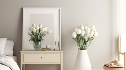 Scandinavian design.  Interior of living room with flowers in vase and mockup frame. AI Generated