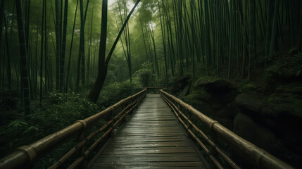 bridge in the bamboo forest on a rainy warm summer day. drizzle and fog.Generative AI Generative AI