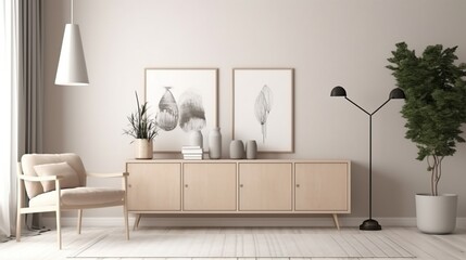 Scandinavian design. Interior of living room with flowers in vase and mockup frame. AI Generated