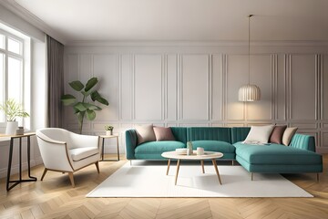 Cozy light home interior mock-up in pastel colors, 3d render