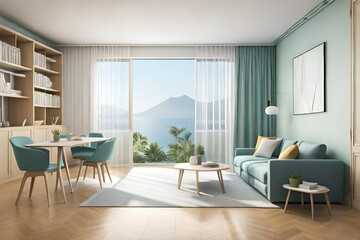 Obraz na płótnie Canvas Cozy light home interior, big window, mock-up in pastel colors, 3d render