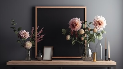 Scandinavian design.  Interior of living room with flowers in vase and mockup frame. AI Generated