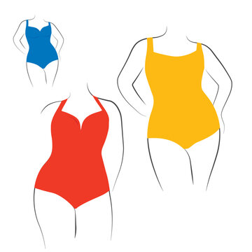 Plus Size Bathing Suits for Embracing Those Curves. bathing suit vector stock illustration.  Lingerie and bikini underwear doodle elements, beach beauty brassiere. 