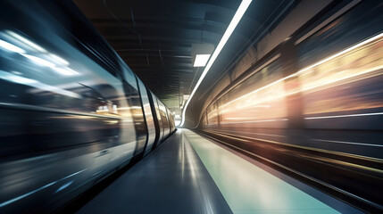 Fototapeta na wymiar A blurry image of a train coming down the tracks. AI generative.