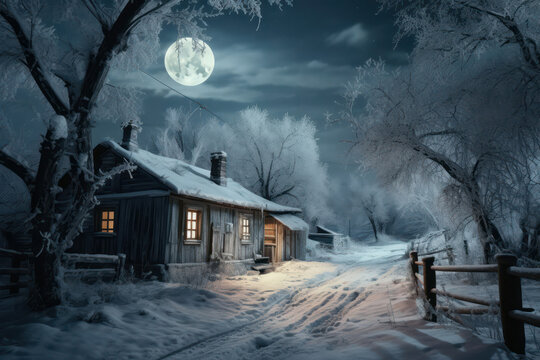 landscape with snow house in the village. Fabulous night view with full moon. Winter wonderland with footprints in the snow. Generative AI Generative AI