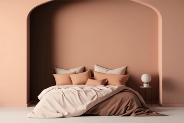 Modern bedrroom with monochrome neutral beige empty wall. Contemporary interior design with trendy wall color, bed, pillows and arch. Generative AI.