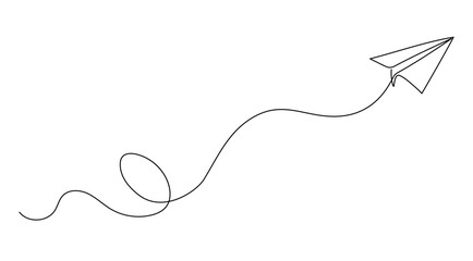 Continuous line paper plane, airplane vector art background. Abstract doodle email, mail plane, travel dream concept air. Business trip Vector abstract illustration flying ship in sky.