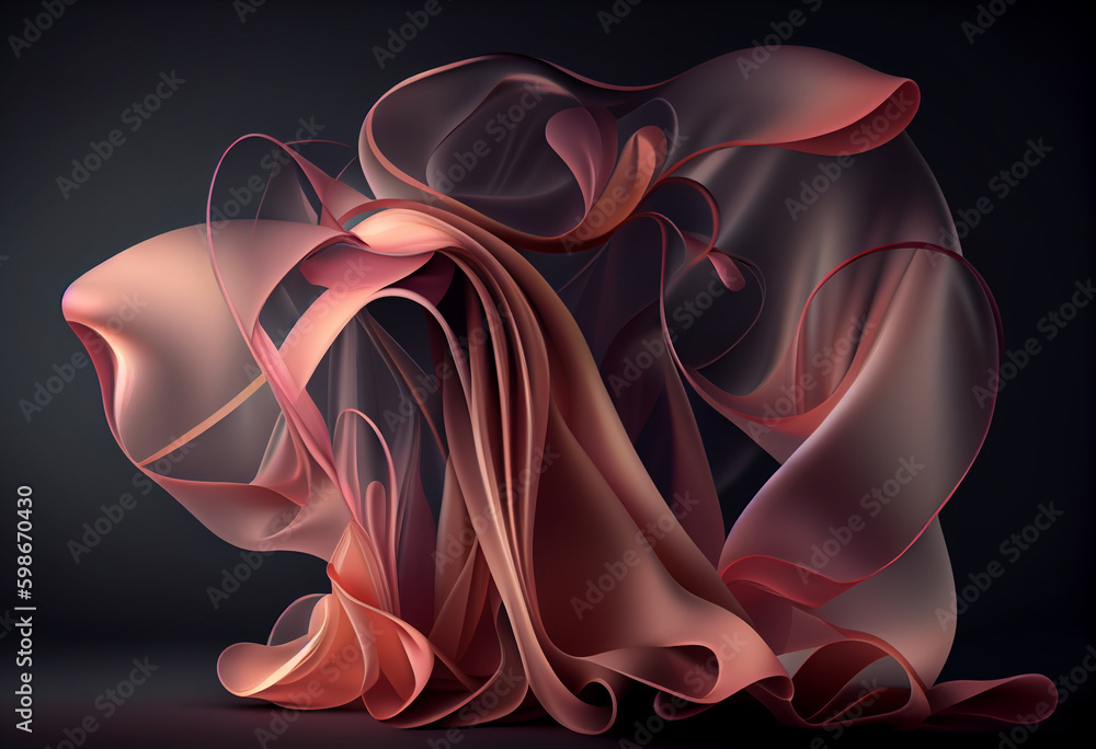 Poster beautiful abstract smooth elegant transparent fabric on dark background 3d pink and peach colors. ge
