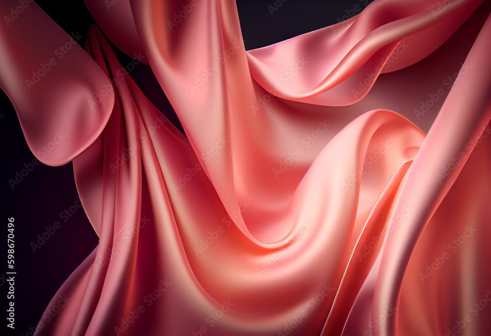 Poster Beautiful abstract smooth elegant transparent fabric on dark background 3d pink and peach colors. Generative AI technology.
