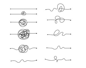 Vector psychotherapy complex chaos mess and order path. Messy drawn sketch purpose simple ball concept scribble. Chaos knot line psychotherapy continuous vector illustration art. - obrazy, fototapety, plakaty