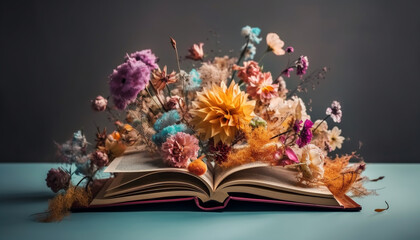 Stack of old books, nature decoration indoors generated by AI