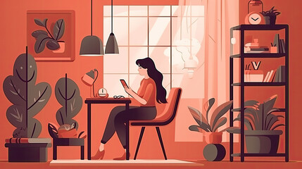 illustration of a young woman working on her laptop computer at home. Generative AI