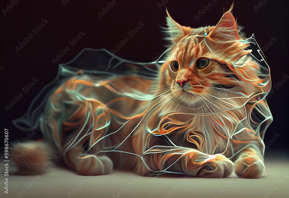 Poster cat on a black background colorful background violet and pink colors. generative ai