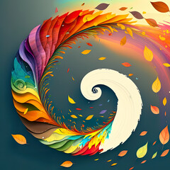 A colorful swirl made out of leaves on a dark background. AI generative.