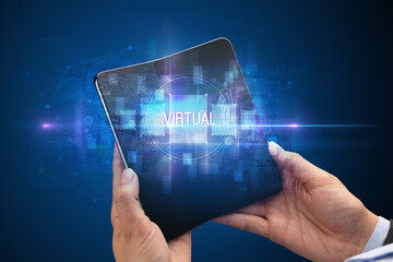 Businessman holding a foldable smartphone