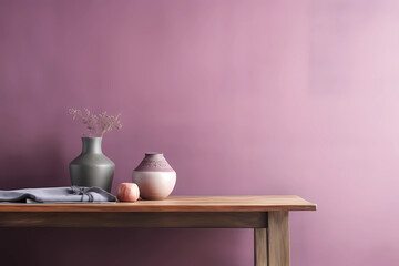 Textured pastel lavander wall copy space. Monochrome empty room with minimalist vase and table. Wall scene mockup product for showcase, Promotion background. Generative AI.