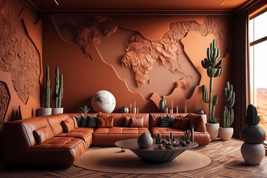 Modern cozy living room with monochrome terracotta wall and textured plaster. Contemporary interior design with trendy earth tones wall color, brown sofa, plants. Generative AI.