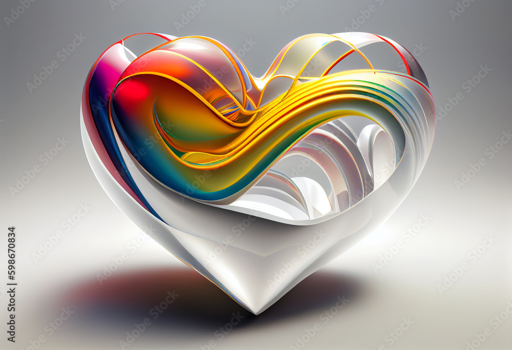 Poster Beautiful abstract heart made from smooth elegant transparent fabric on white background 3d pink and peach colors. Generative AI technology.
