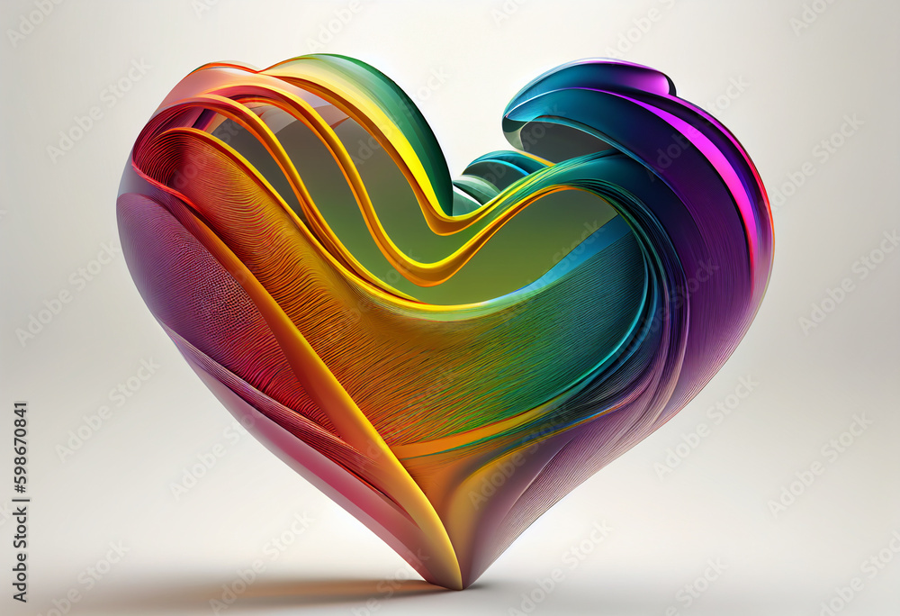 Poster Beautiful abstract heart made from smooth elegant transparent fabric on white background 3d pink and peach colors. Generative AI technology.
