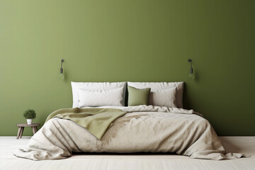 Modern bedrroom with monochrome pastel olive green empty wall. Contemporary interior design with trendy wall color, bed and pillows. Generative AI.