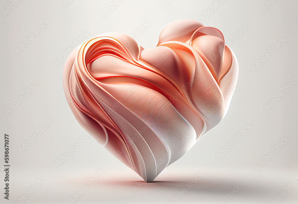 Aufkleber Beautiful abstract heart made from smooth elegant transparent fabric on white background 3d pink and peach colors. Generative AI technology.
