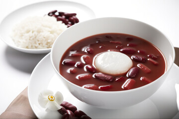 Danpatjuk, sweet red bean soup with rice cakes, AI generative dish on white background