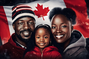 Happy family smiling on Canada national flag background. Generative AI.