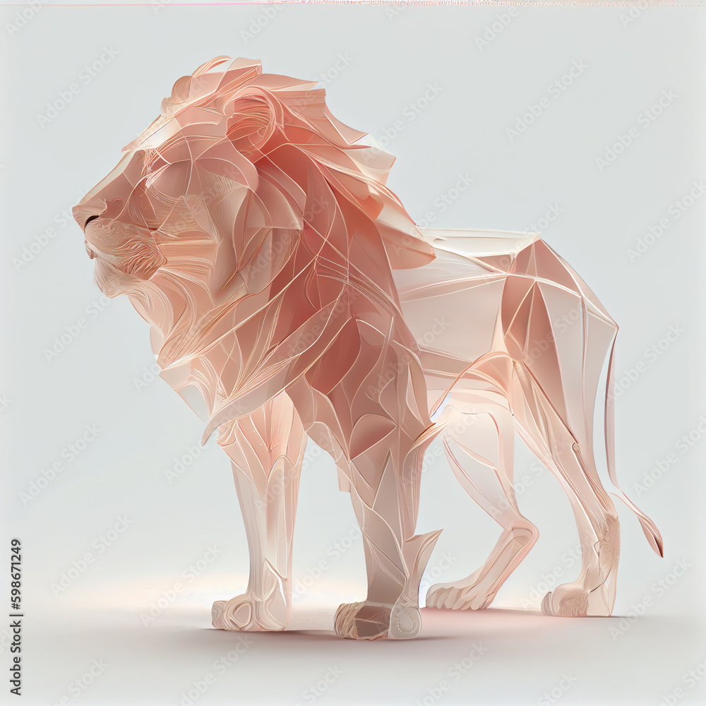 Aufkleber Lion made from smooth elegant transparent fabric on white background 3d pink and peach colors. Generative AI technology.
