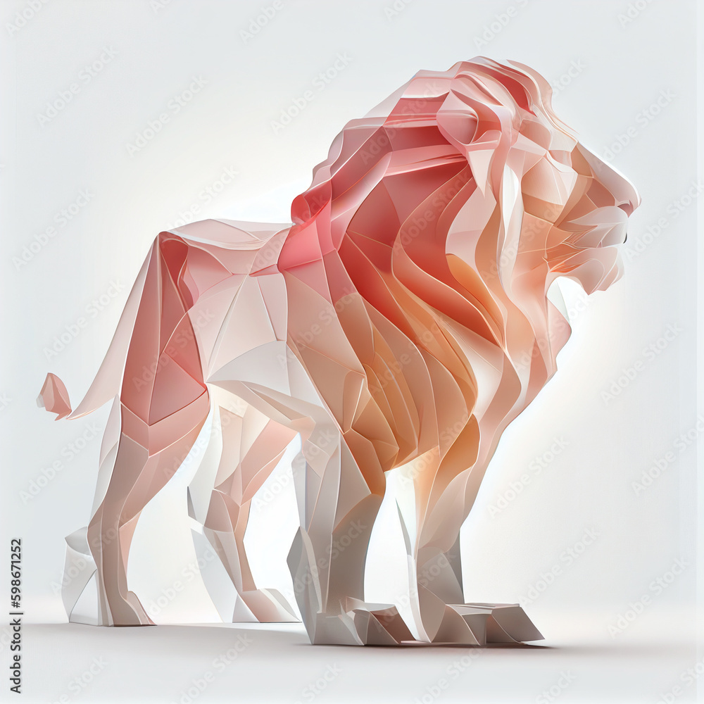 Poster lion made from smooth elegant transparent fabric on white background 3d pink and peach colors. gener