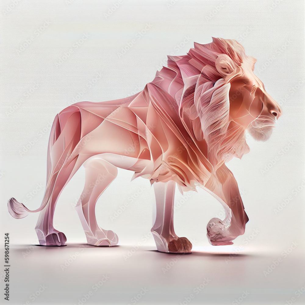 Poster lion made from smooth elegant transparent fabric on white background 3d pink and peach colors. gener