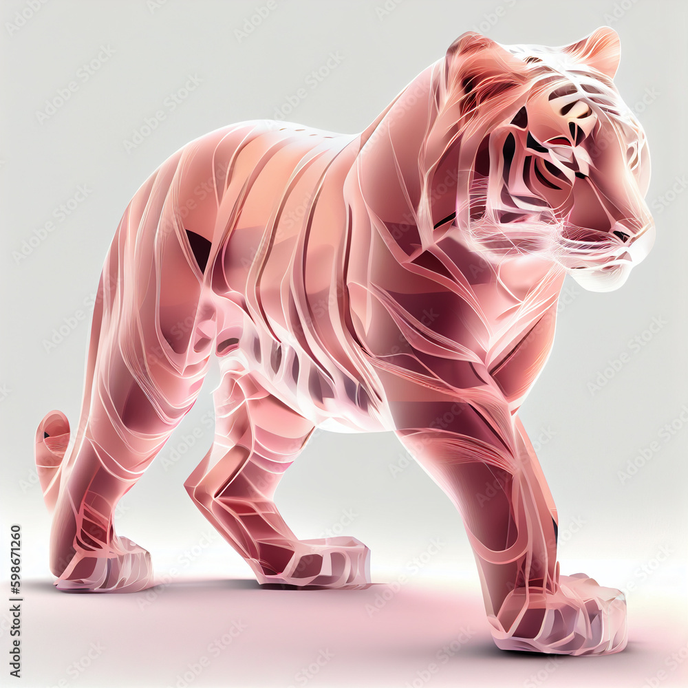 Poster tiger made from smooth elegant transparent fabric on white background 3d pink and peach colors. gene