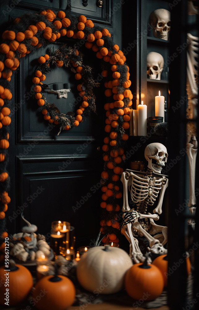 Poster a skeleton sitting in front of a wreath of oranges. ai generative.