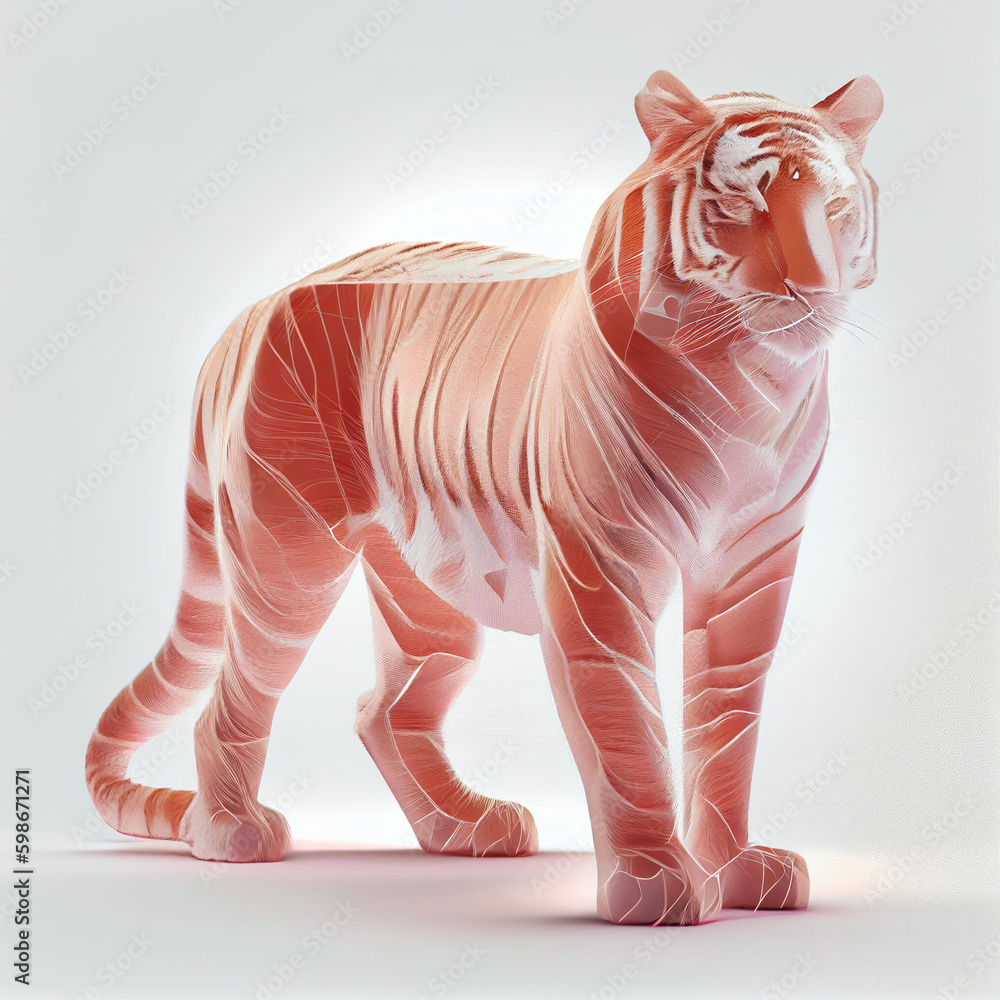 Poster tiger made from smooth elegant transparent fabric on white background 3d pink and peach colors. gene