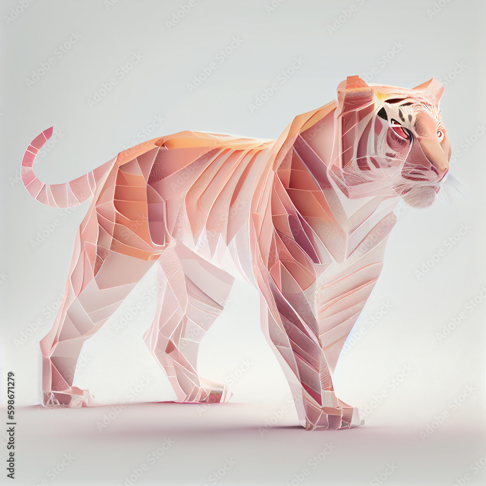 Poster tiger made from smooth elegant transparent fabric on white background 3d pink and peach colors. gene