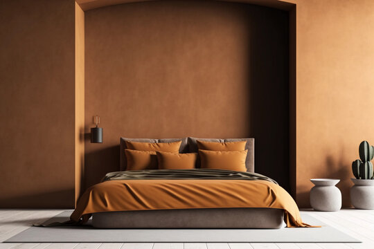 Modern bedrroom with monochrome textured brown empty wall. Contemporary interior design with trendy wall color and bed. Generative AI.