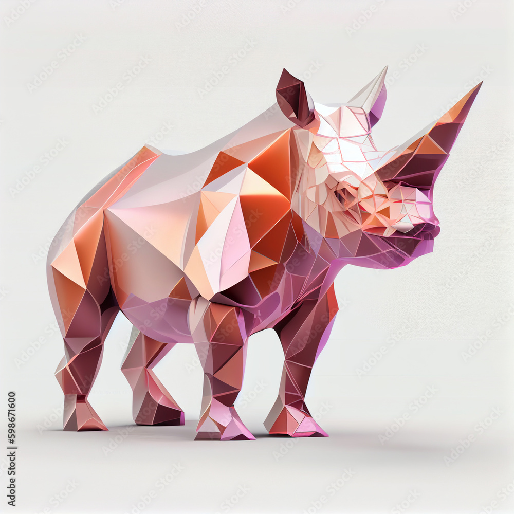 Poster An abstract Rhino made from smooth elegant transparent fabric on white background 3d pink and peach colors. Generative AI technology.

