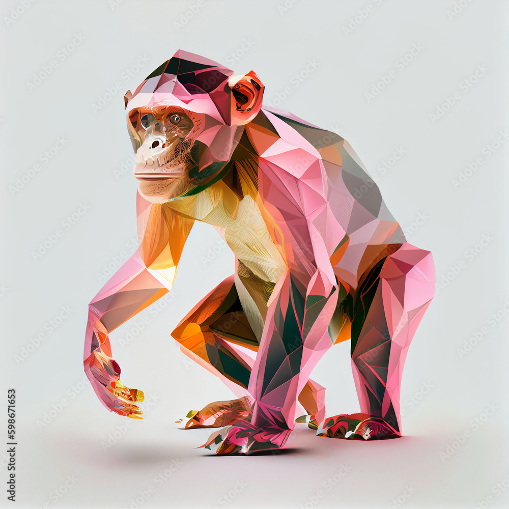 Poster An abstract Chimpanzee made from smooth elegant transparent fabric on white background 3d pink and peach colors. Generative AI technology.
