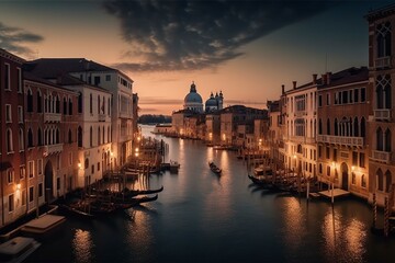 Panoramic night view at Venice, Italy, created with generative AI