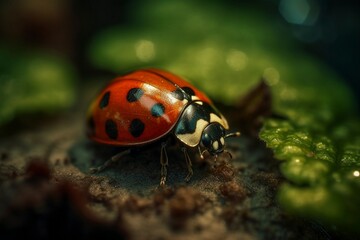 Obraz premium Ladybug on the leaf with water drops, created with generative AI