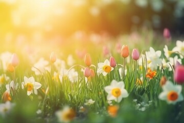 Obraz na płótnie Canvas Spring flowers closeup, created with generative AI