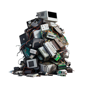 E-waste heap for recycling on a transparent background (png). generative AI