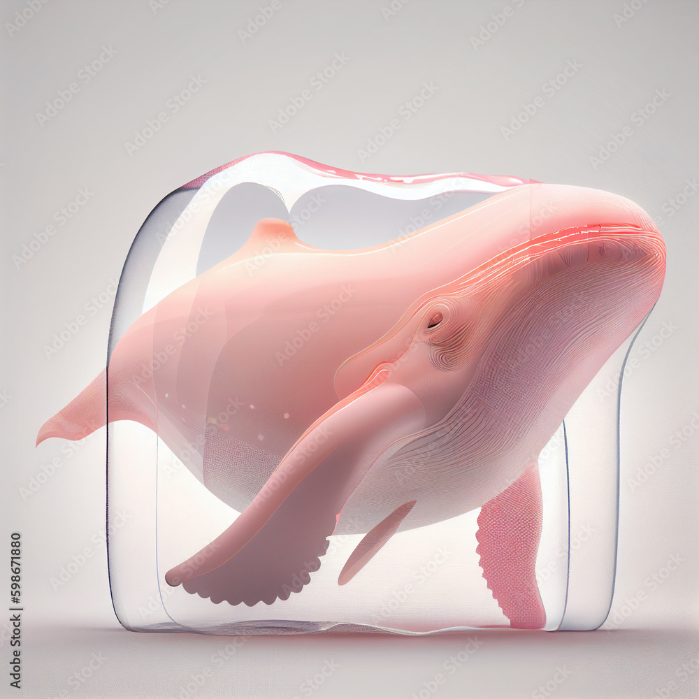 Aufkleber An abstract Whale made from smooth elegant transparent fabric on white background 3d pink and peach colors. Generative AI technology.
