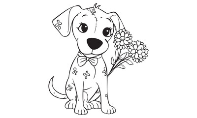 Dog Bite A Flower Coloring Page for free plus other related Dogs coloring pages. Kids coloring pages. Vector. Children printable coloring pages. 