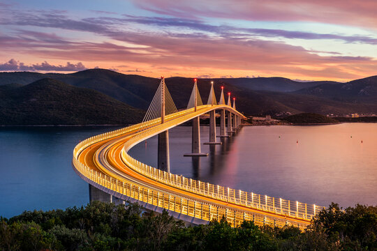 Peljesac Bridge, Komarna Croatia - beautiful and modern bridge over the adriatic sea in Dubrovnik-Neretva at sunset