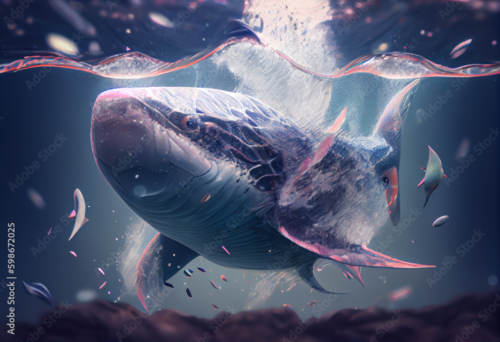 Poster scene with fishes and bubbles . generative ai technology.