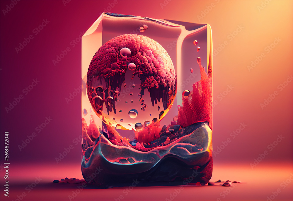 Poster ice cube with drops. Generative AI technology.