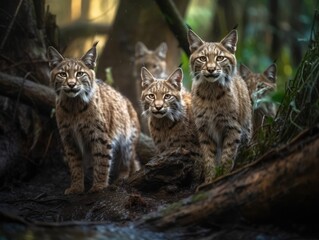 Obraz premium Group of Bobcat in natural habitat (generative AI)