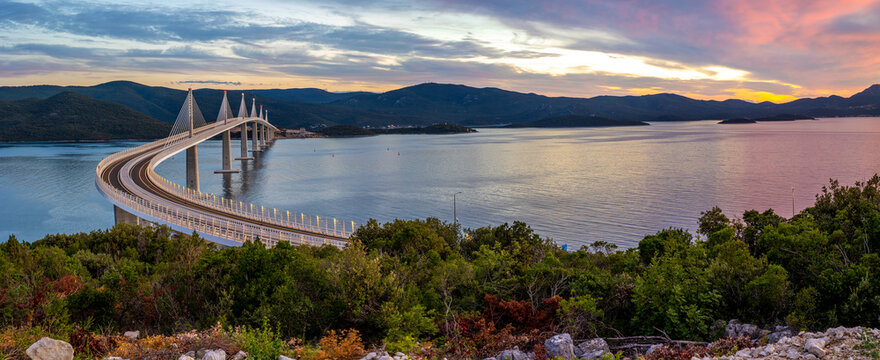 Peljesac Bridge, Komarna Croatia - beautiful and modern bridge over the adriatic sea in Dubrovnik-Neretva at sunset