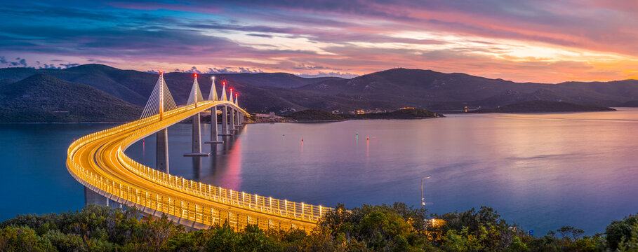 Peljesac Bridge, Komarna Croatia - beautiful and modern bridge over the adriatic sea in Dubrovnik-Neretva at sunset