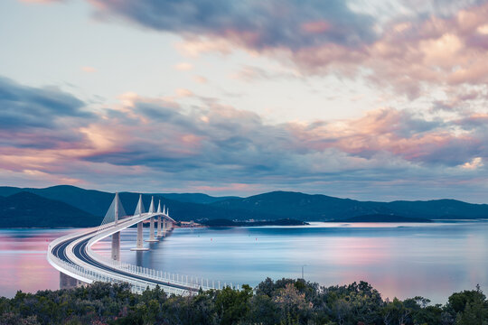 Peljesac Bridge, Komarna Croatia - beautiful and modern bridge over the adriatic sea in Dubrovnik-Neretva at sunrise